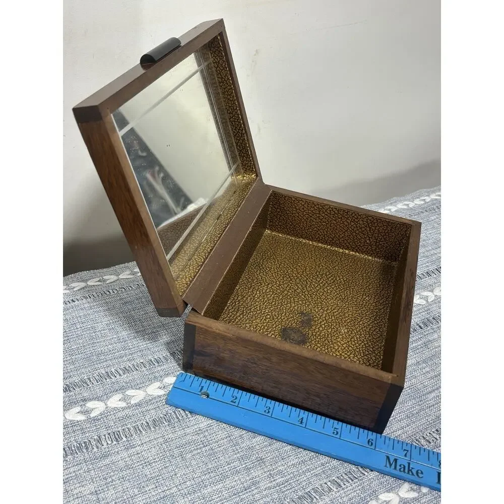Vintage 1970s Wood Jewelry Box Floral Lid Etched Mirror Gold Lined Keepsake